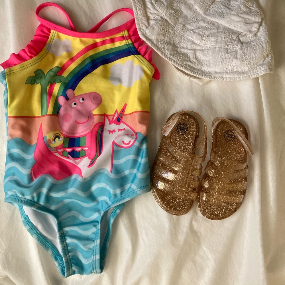 GIRL SWIM BUNDLE 18month swimsuit &size 5c sandals